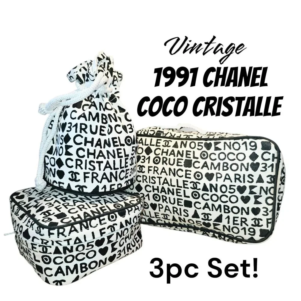 Chanel 1991 Rare Vintage 3pc Coco Cristalle Logo Zip Makeup Travel Cases Bags